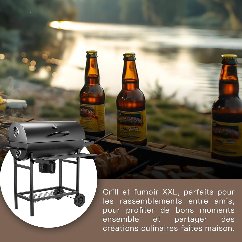 Barbecue au charbon de bois avec grille de cuisson XXL, gants anti-brûlures, thermomètre, tiroir à cendres, aérations réglables