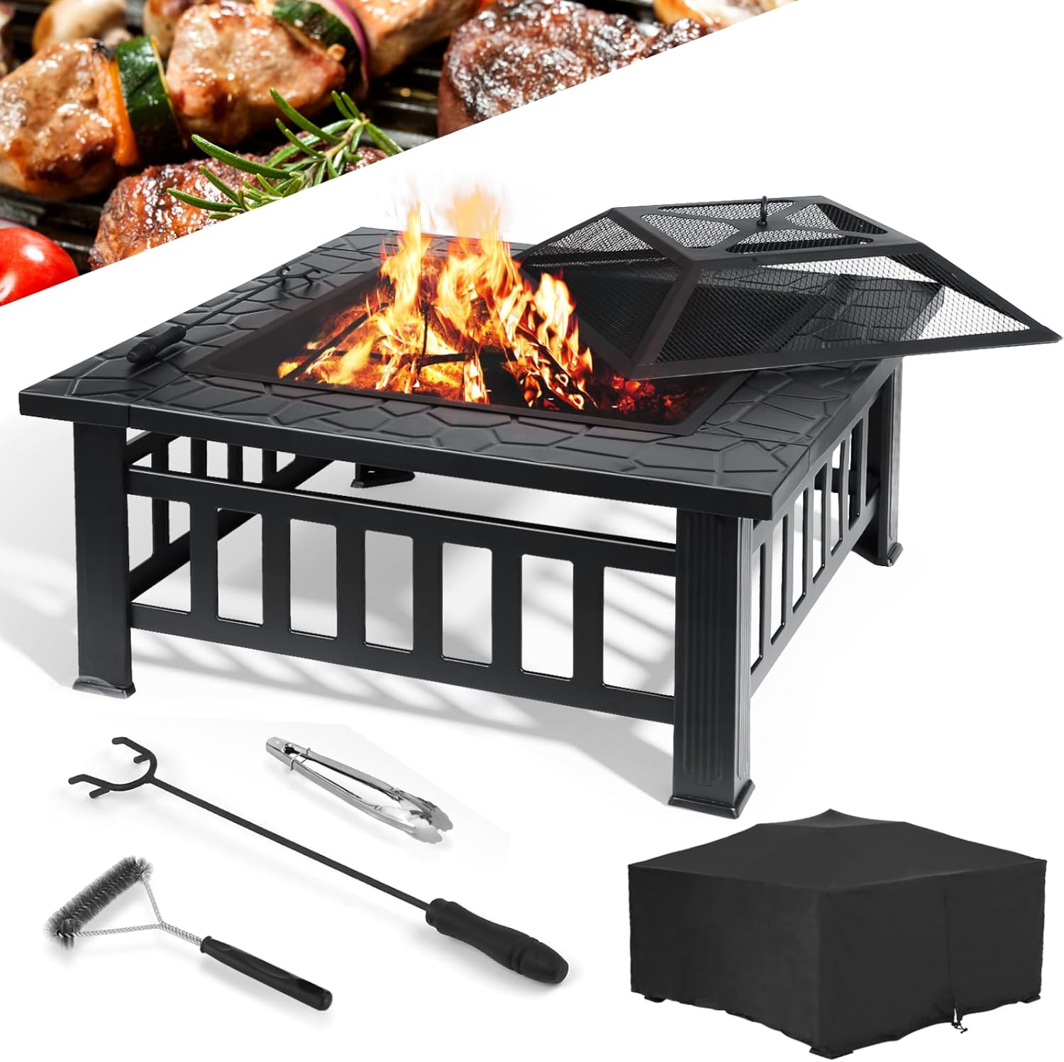 LIFERUN 32" BBQ-vuurkorf voor buiten, tuinvuurkorf, terrashaard met grill, inclusief pook, vonkenvanger, koolstofgaas, grillklemmen, borstel en 4 voetjes. 