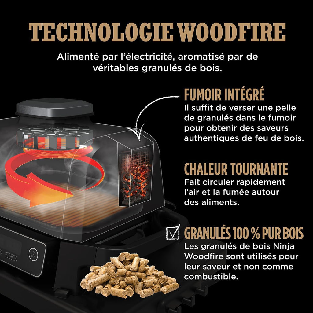 Barbecue et fumoir électrique Ninja Woodfire Pro Connect XL avec contrôle d'application, 2 sondes, grille, couvercle, doublures et brosse, gril et friteuse sans huile 7 en 1