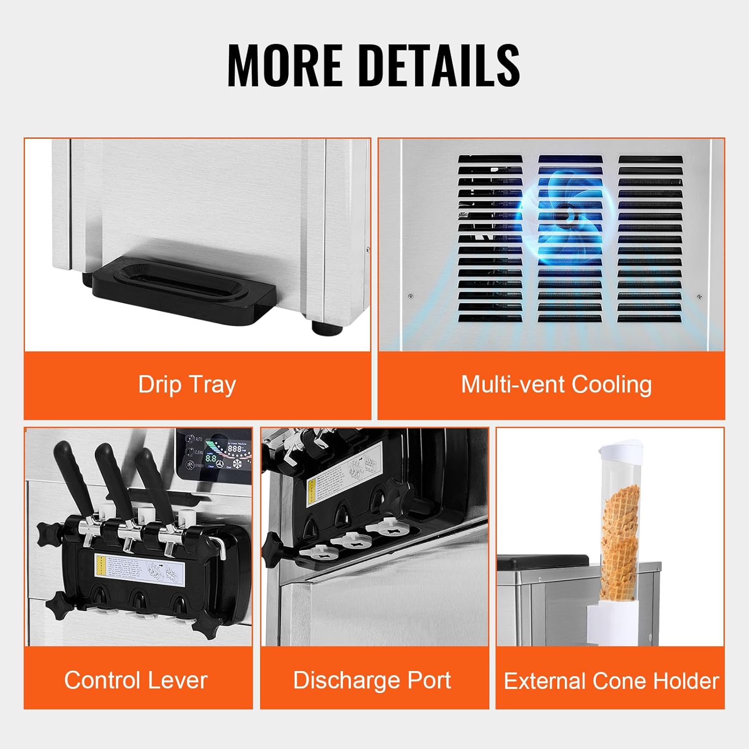 Machine à glace commerciale 20 l/h 1800 watts 3 parfums Machine à glace molle Trémie 2x4 l Pré-refroidissement Nettoyage automatique