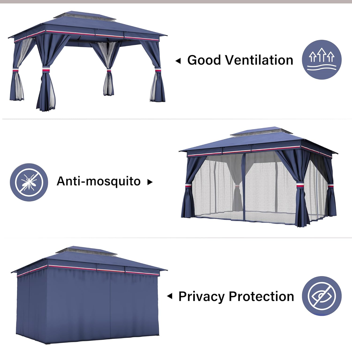 Tente pavillon d'extérieur améliorée à double toit, auvent imperméable UV50+ avec filet et crochets