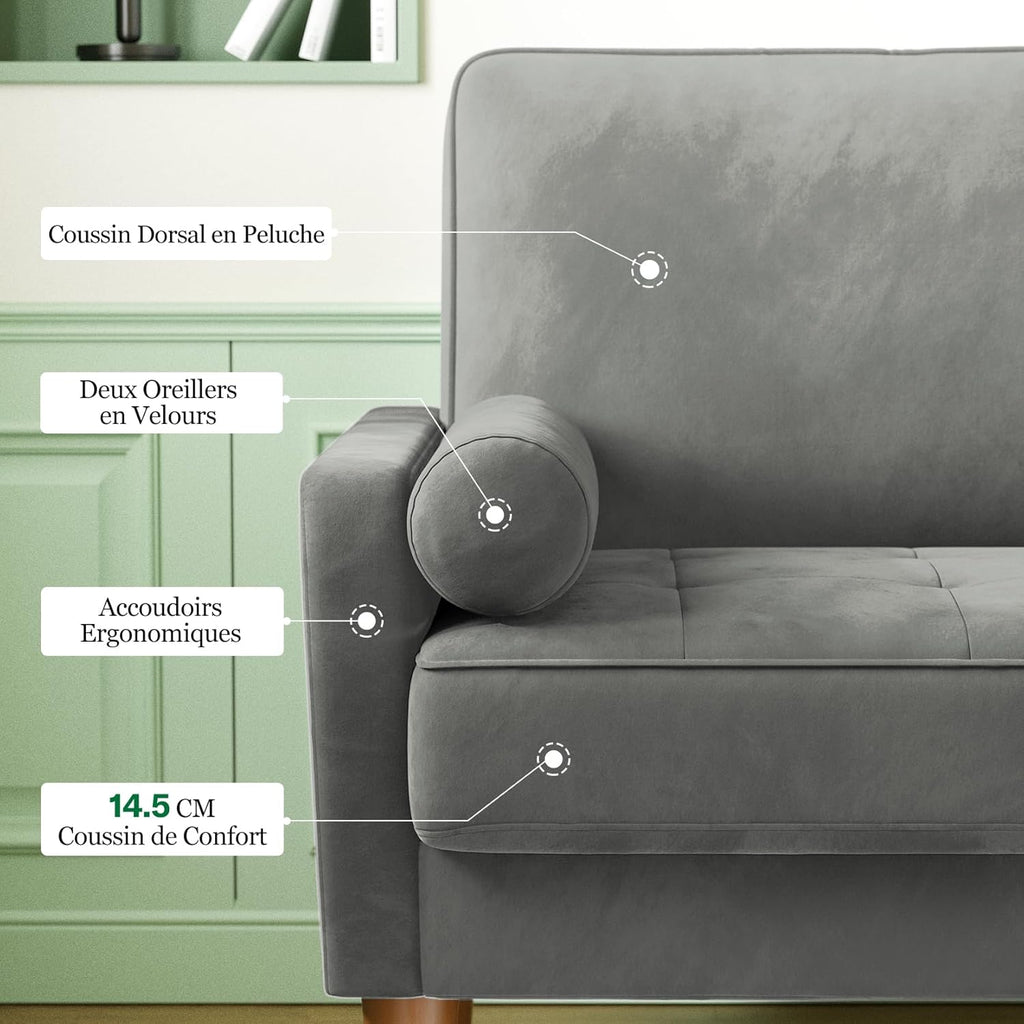 Vesgantti Kleine Grijze 2-zitsbank, Fluweelbank 121 cm met verende kussens, Mini-slaapkamerbank met armleuningen, Moderne woonkamerbank, Vaste 2-zitsbank, Grijze bank 