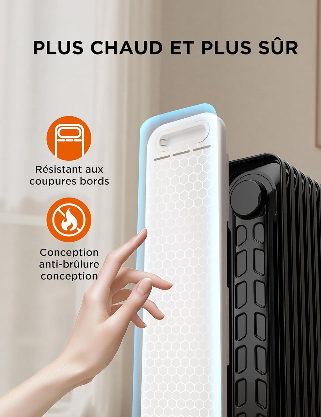 Radiateur à bain d'huile Midea 2000 W - 9 ailes, commande rotative, thermostat réglable