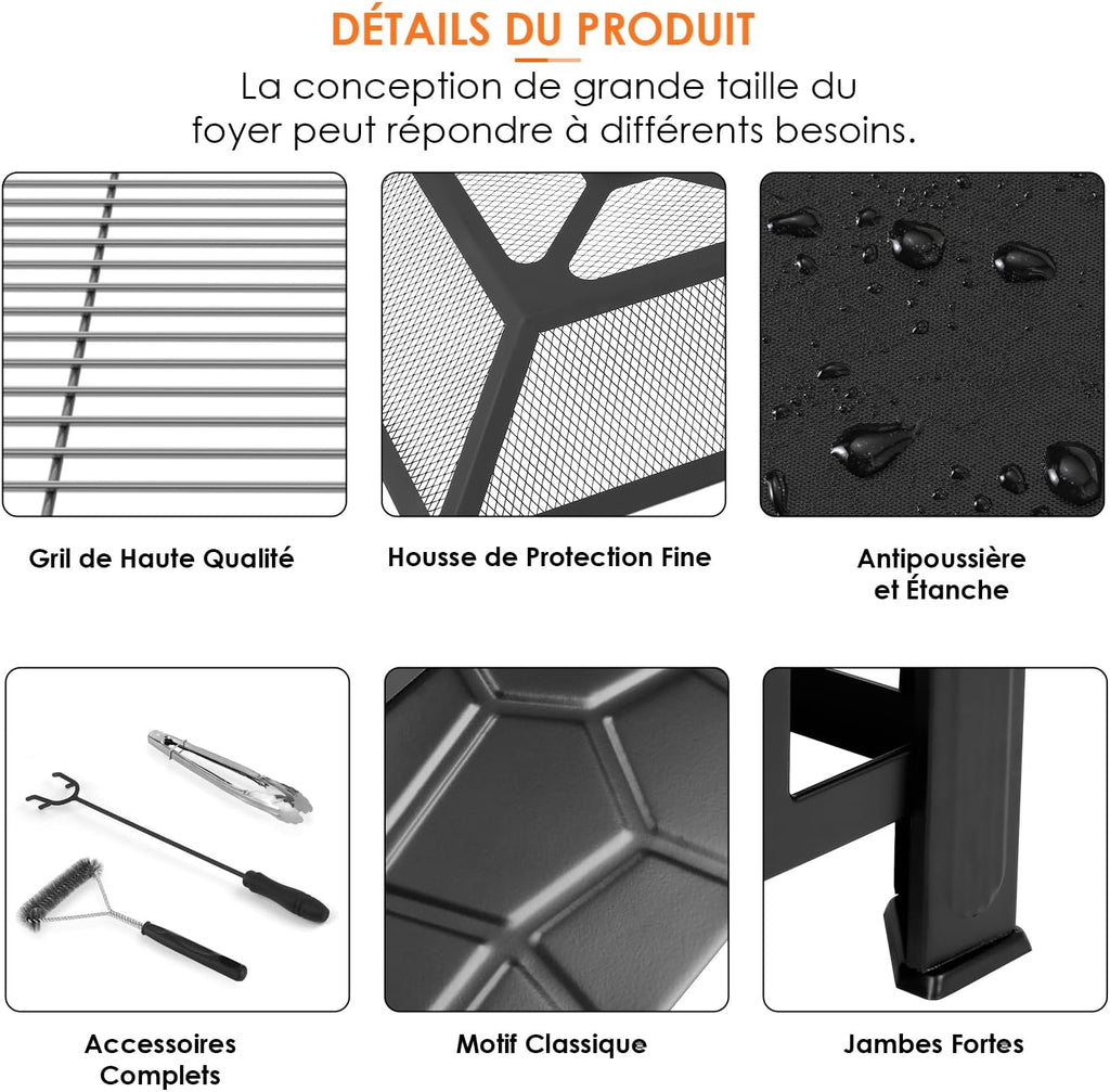 LIFERUN 32" BBQ-vuurkorf voor buiten, tuinvuurkorf, terrashaard met grill, inclusief pook, vonkenvanger, koolstofgaas, grillklemmen, borstel en 4 voetjes. 
