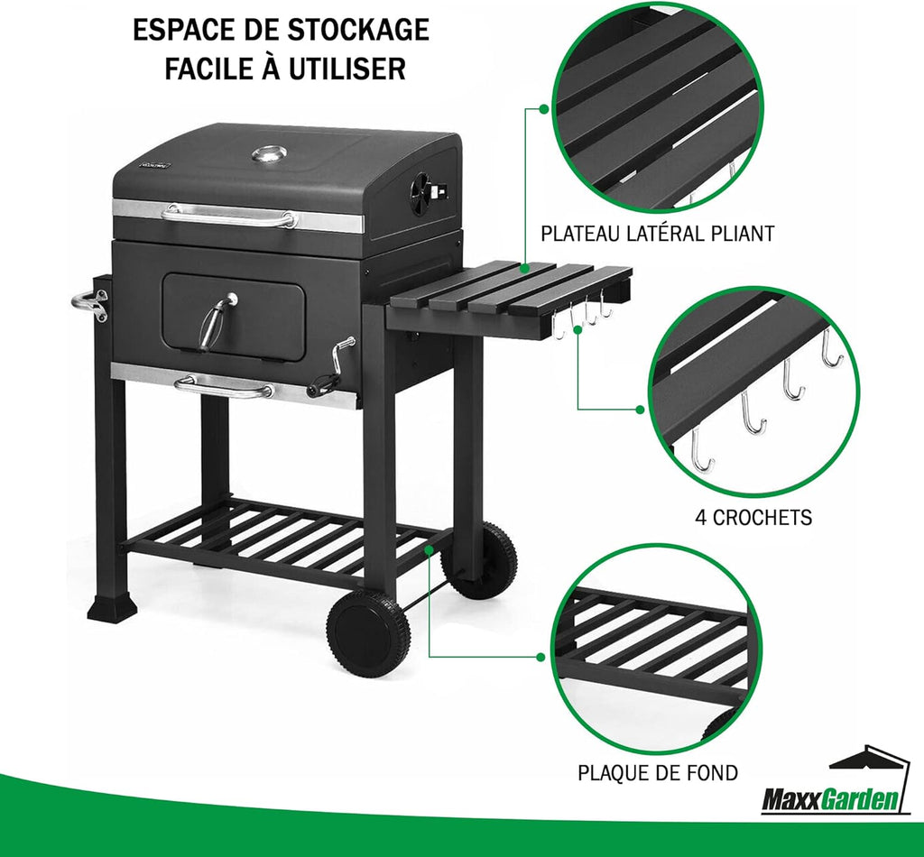 MaxxGarden Barbecue au Charbon - Barbecue de Bois - BBQ - Grill - Transportable - 118 cm - Noir
