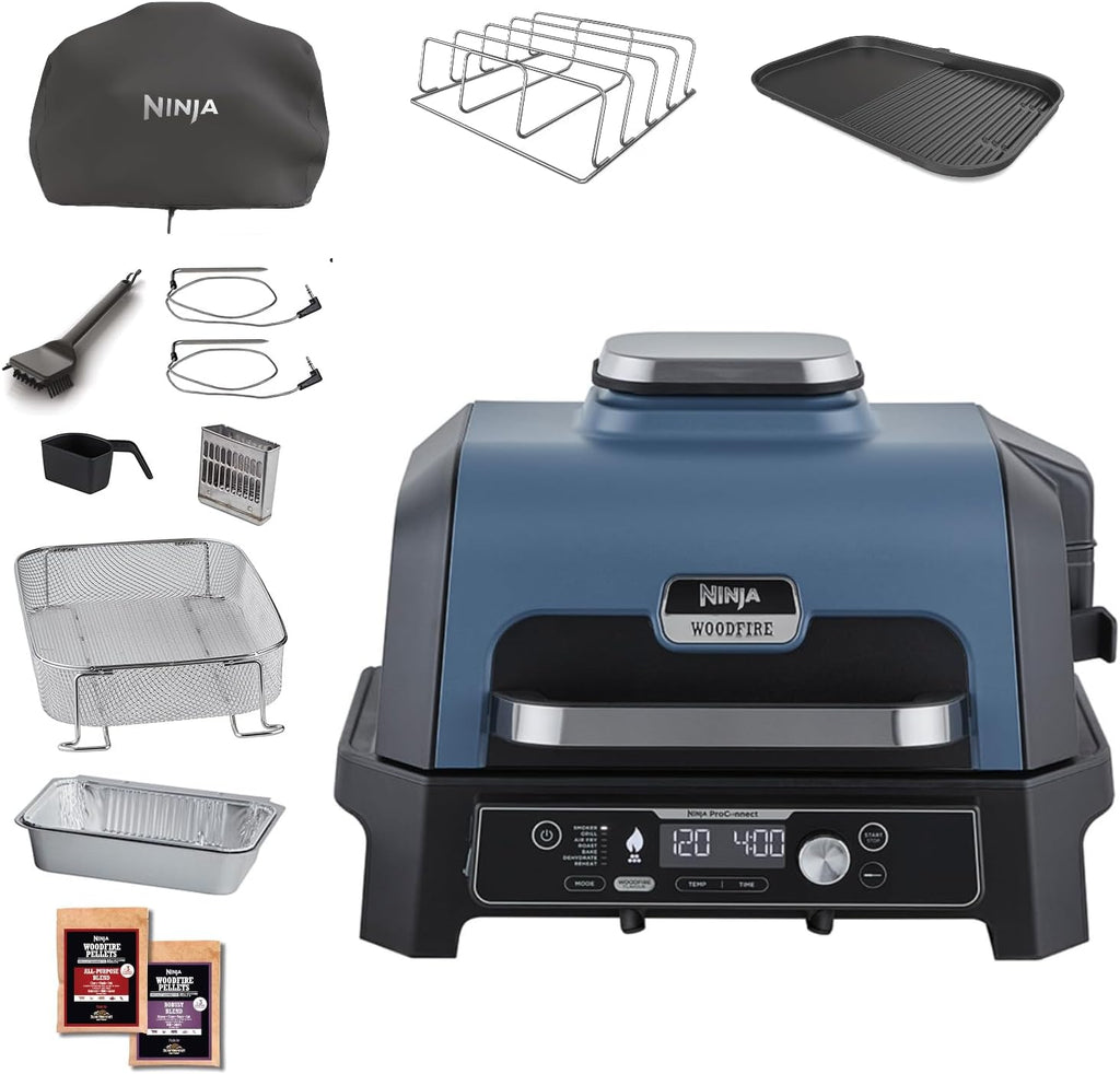 Barbecue et fumoir électrique Ninja Woodfire Pro Connect XL avec contrôle d'application, 2 sondes, grille, couvercle, doublures et brosse, gril et friteuse sans huile 7 en 1