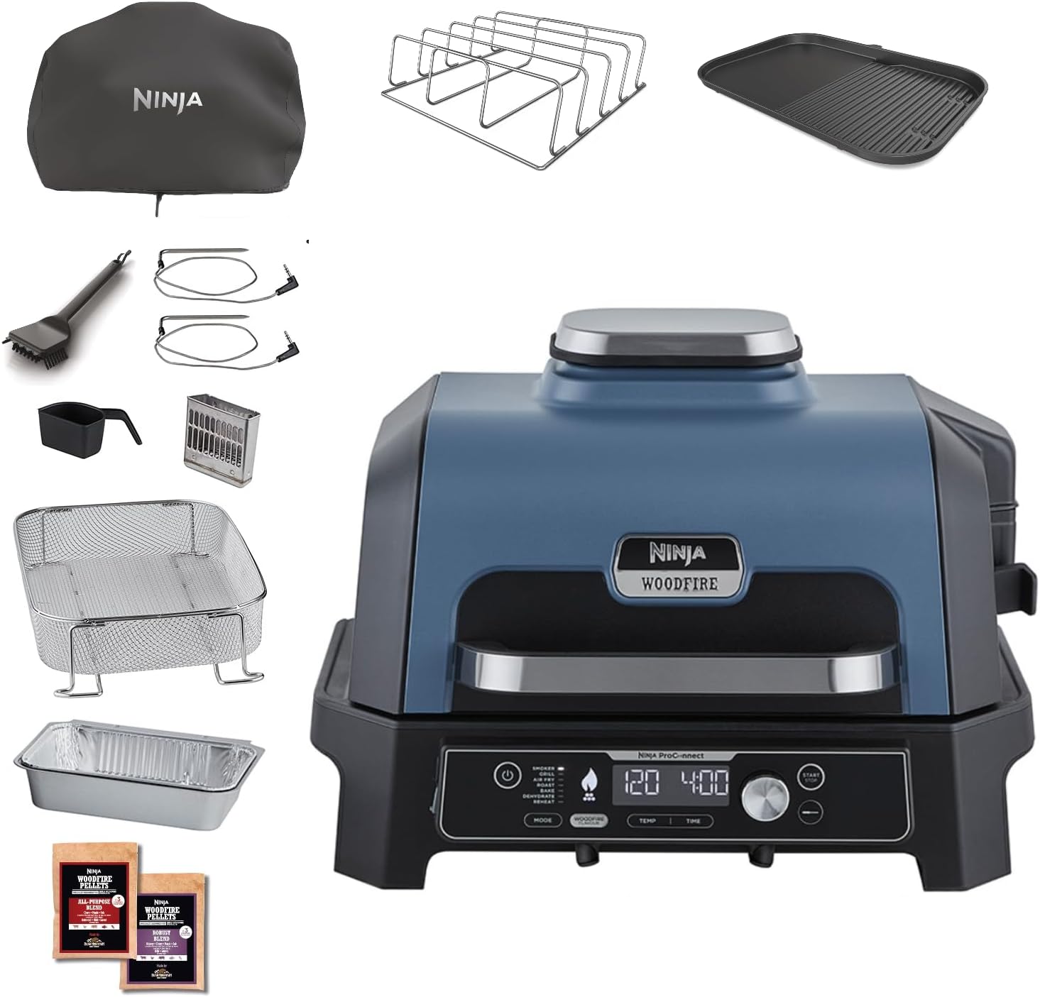 Barbecue et fumoir électrique Ninja Woodfire Pro Connect XL avec contrôle d'application, 2 sondes, grille, couvercle, doublures et brosse, gril et friteuse sans huile 7 en 1