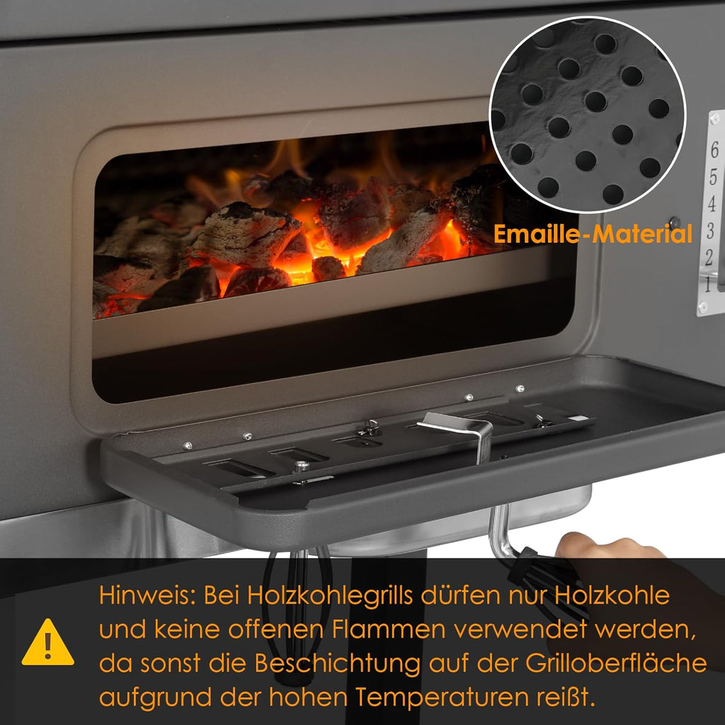 Barbecue Charbon de Bois, Chariot à Barbecue XXL, Grand Barbecue au Charbon de Bois, Grill à Charbon avec Couvercle, 2 Tables d'Appoint, Roues et Thermomètre, BBQ Fumoir, Barbecue de Jardin, Gris