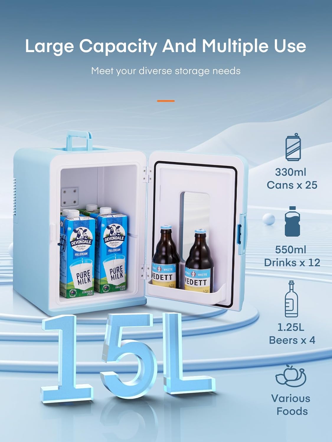 Mini réfrigérateur FOHERE 15 L/21 canettes, petit réfrigérateur portable 240 V/12 V, mode silencieux, fonction chaud/froid, cosmétique noir