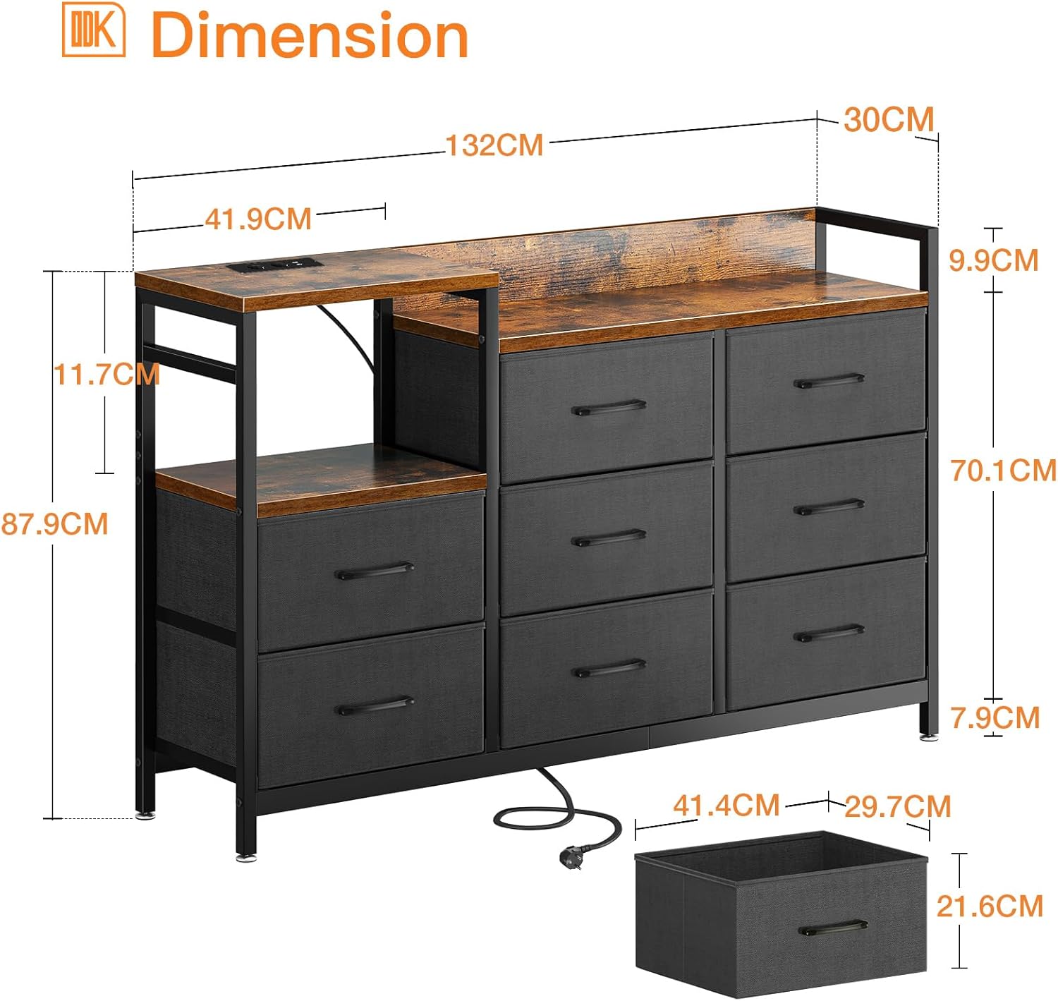 ODK Slaapkamerkast met 2 USB-poorten en 2 stopcontacten, multifunctionele ladekast voor slaapkamer en woonkamer – Stabiel en duurzaam dressoir, 132 x 30 x 88 cm, Vintage en zwart 