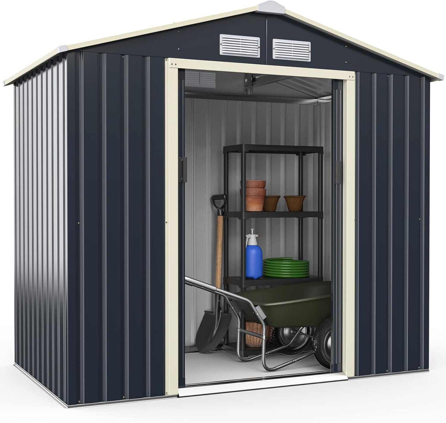 Abri de jardin en métal Costway + 1 kit d'extension avec 2 portes coulissantes verrouillables, 4 trous de ventilation, toit incliné pour vélo