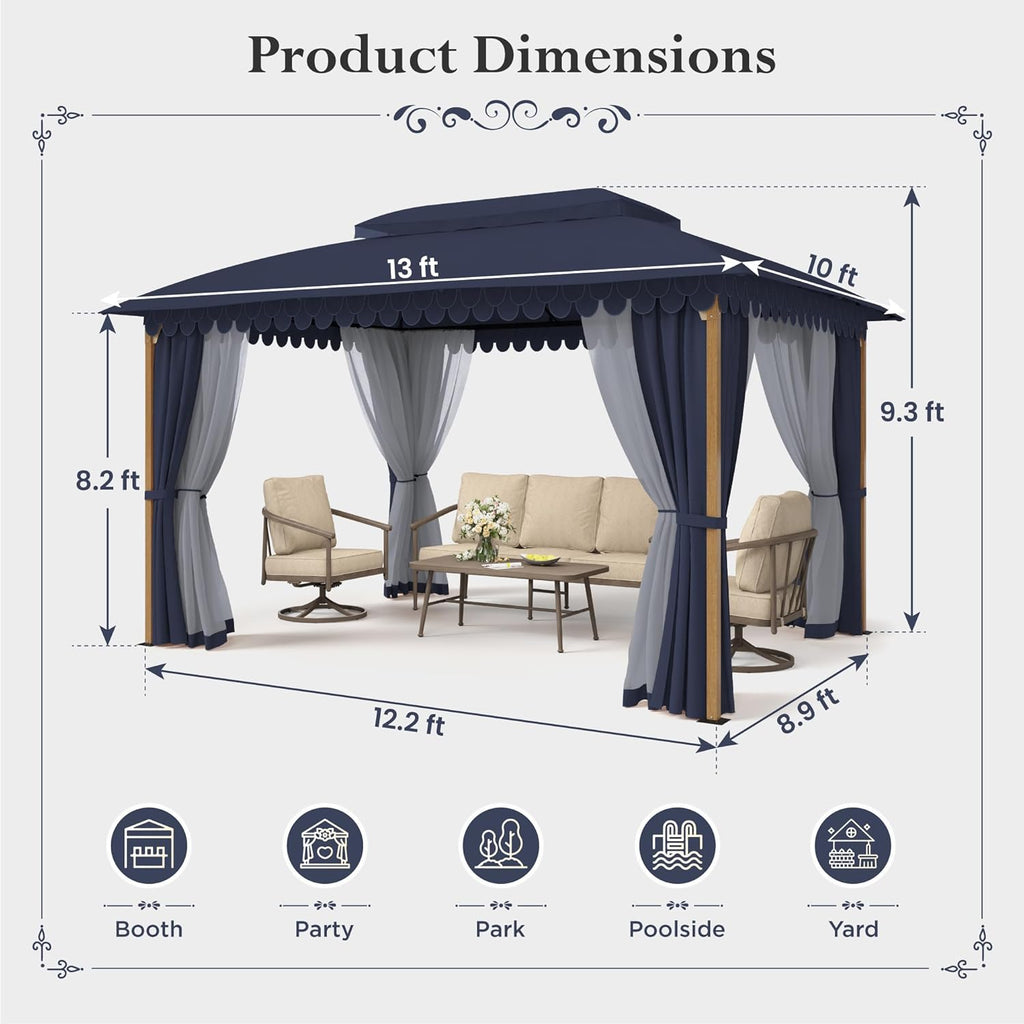 Gazebo 10 x 13, gazebo extérieur abrité, tente à auvent en métal robuste avec double toit et moustiquaire