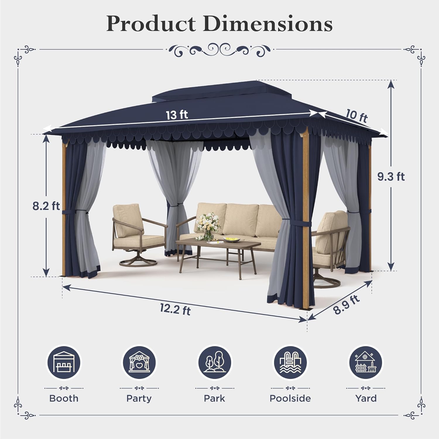 Gazebo 10 x 13, gazebo extérieur abrité, tente à auvent en métal robuste avec double toit et moustiquaire