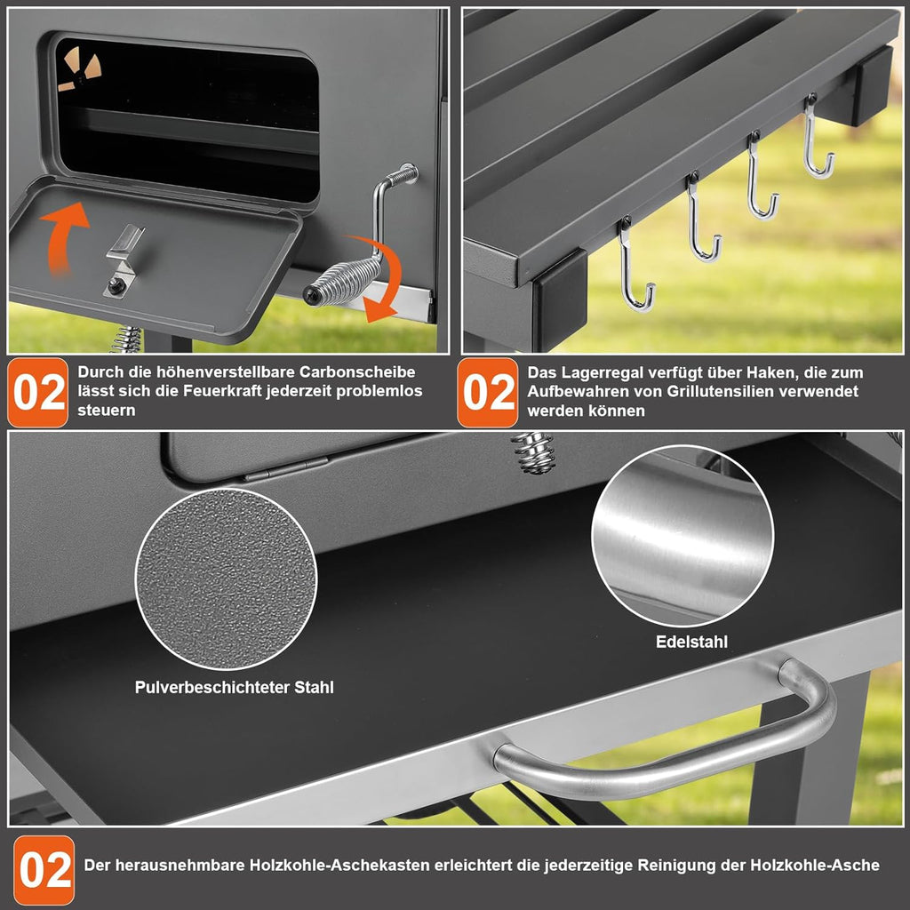 Barbecue Charbon de Bois, Chariot à Barbecue XXL, Grand Barbecue au Charbon de Bois, Grill à Charbon avec Couvercle, 2 Tables d'Appoint, Roues et Thermomètre, BBQ Fumoir, Barbecue de Jardin, Gris