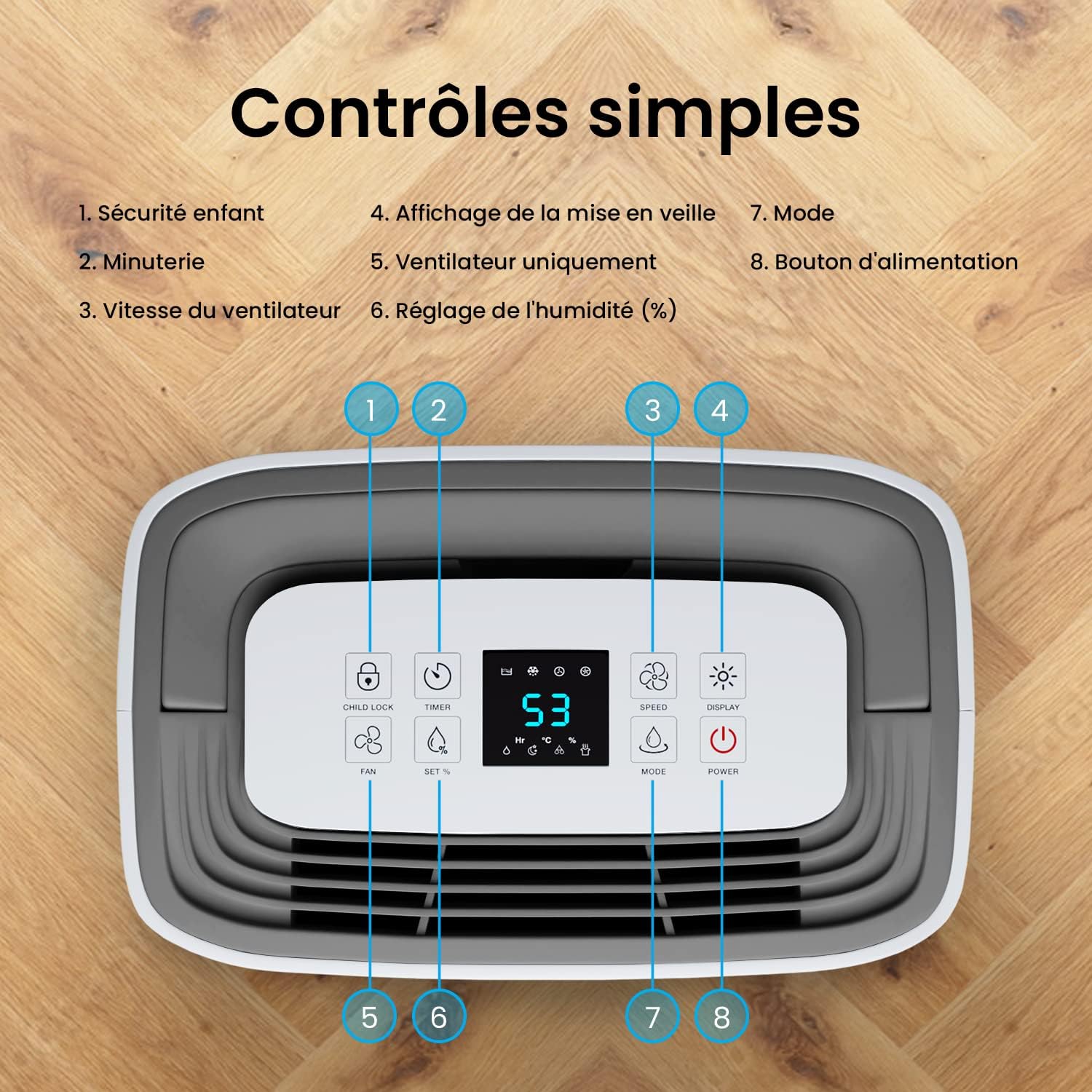 Déshumidificateur à compresseur 20 litres par jour 4 modes Séchoir Vidange continue Minuterie 24 heures Grand réservoir d'eau de 5,5 litres Résistant à l'humidité Résistant à la moisissure