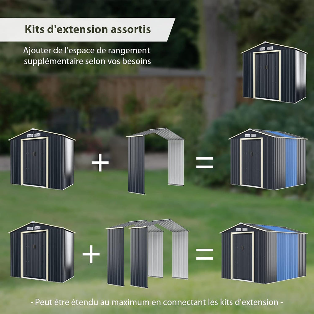 Abri de jardin en métal Costway + 1 kit d'extension avec 2 portes coulissantes verrouillables, 4 trous de ventilation, toit incliné pour vélo