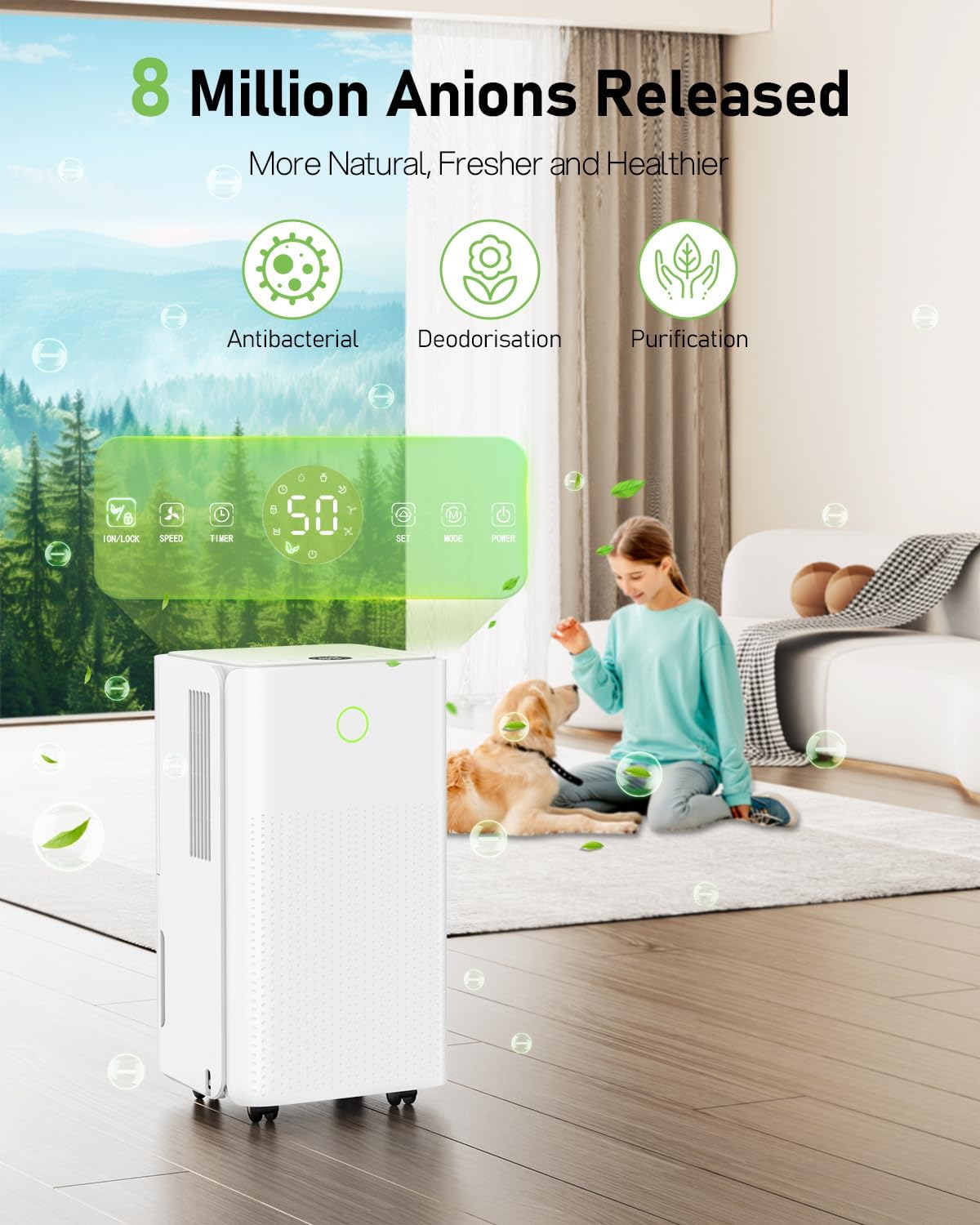 Deshumidificateur d air 12L/24h, Déshumidificateur Electrique avec Compresseur, 3 Modes, Déshumidification Automatique, Drainage Continu, 24h Minuterie, Contre l'humidité pour Maison/Appartement/Cave