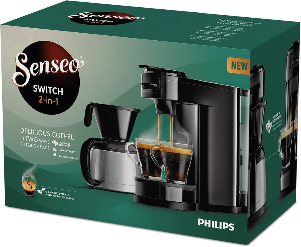 Philips Senseo Switch Machine à Café à Dosettes et Filtre - Technologie 2 en 1, Réservoir d'Eau de 1 L, 7 Tasses en une Seule Fois, Couleur Blanc Titane (HD6592/05)