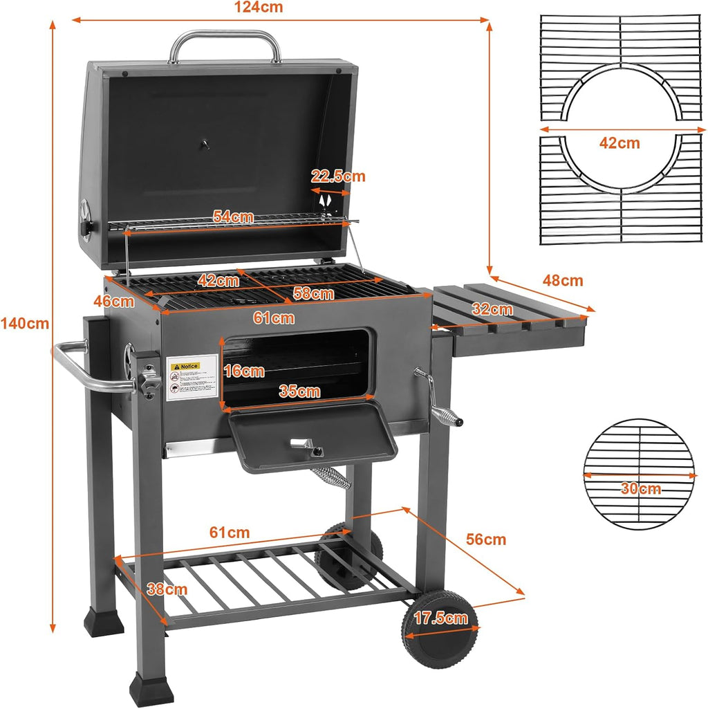 Barbecue Charbon de Bois, Chariot à Barbecue XXL, Grand Barbecue au Charbon de Bois, Grill à Charbon avec Couvercle, 2 Tables d'Appoint, Roues et Thermomètre, BBQ Fumoir, Barbecue de Jardin, Gris