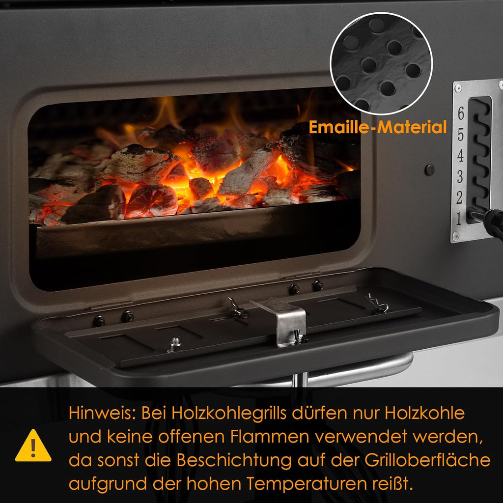 Barbecue Charbon de Bois, Chariot à Barbecue XXL, Grand Barbecue au Charbon de Bois, Grill à Charbon avec Couvercle, 2 Tables d'Appoint, Roues et Thermomètre, BBQ Fumoir, Barbecue de Jardin, Gris