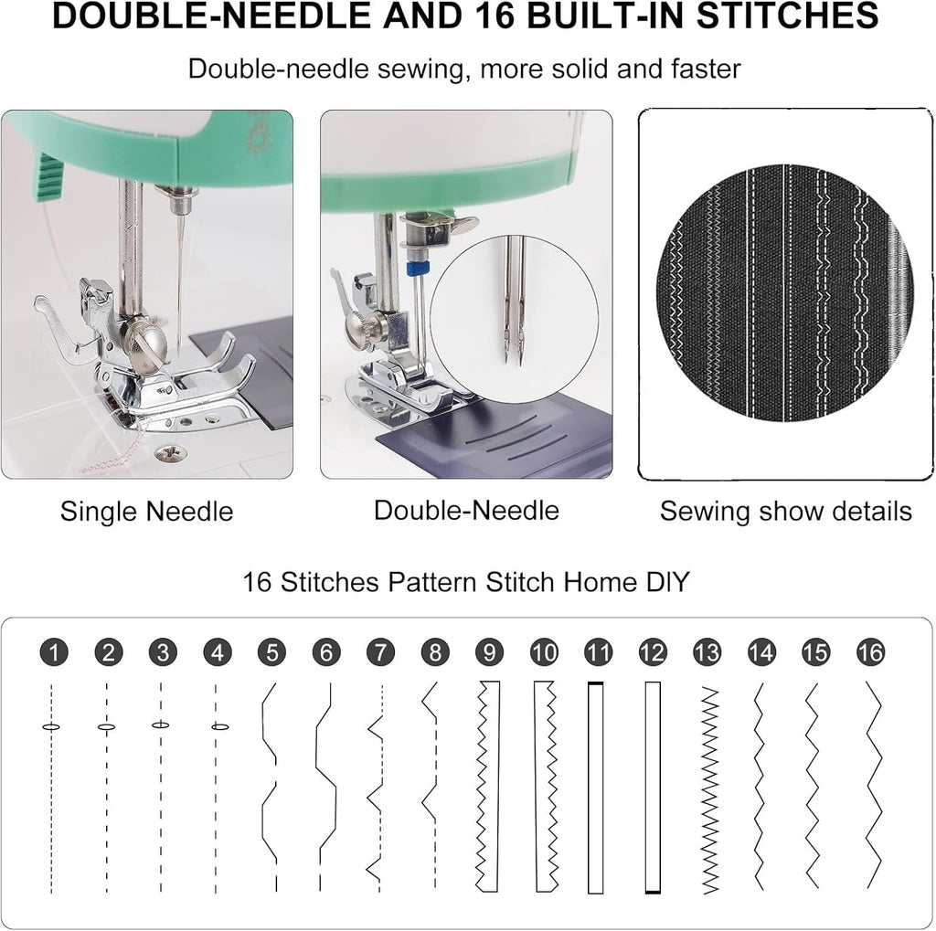 Machine à coudre portable améliorée pour débutants avec 16 motifs de points