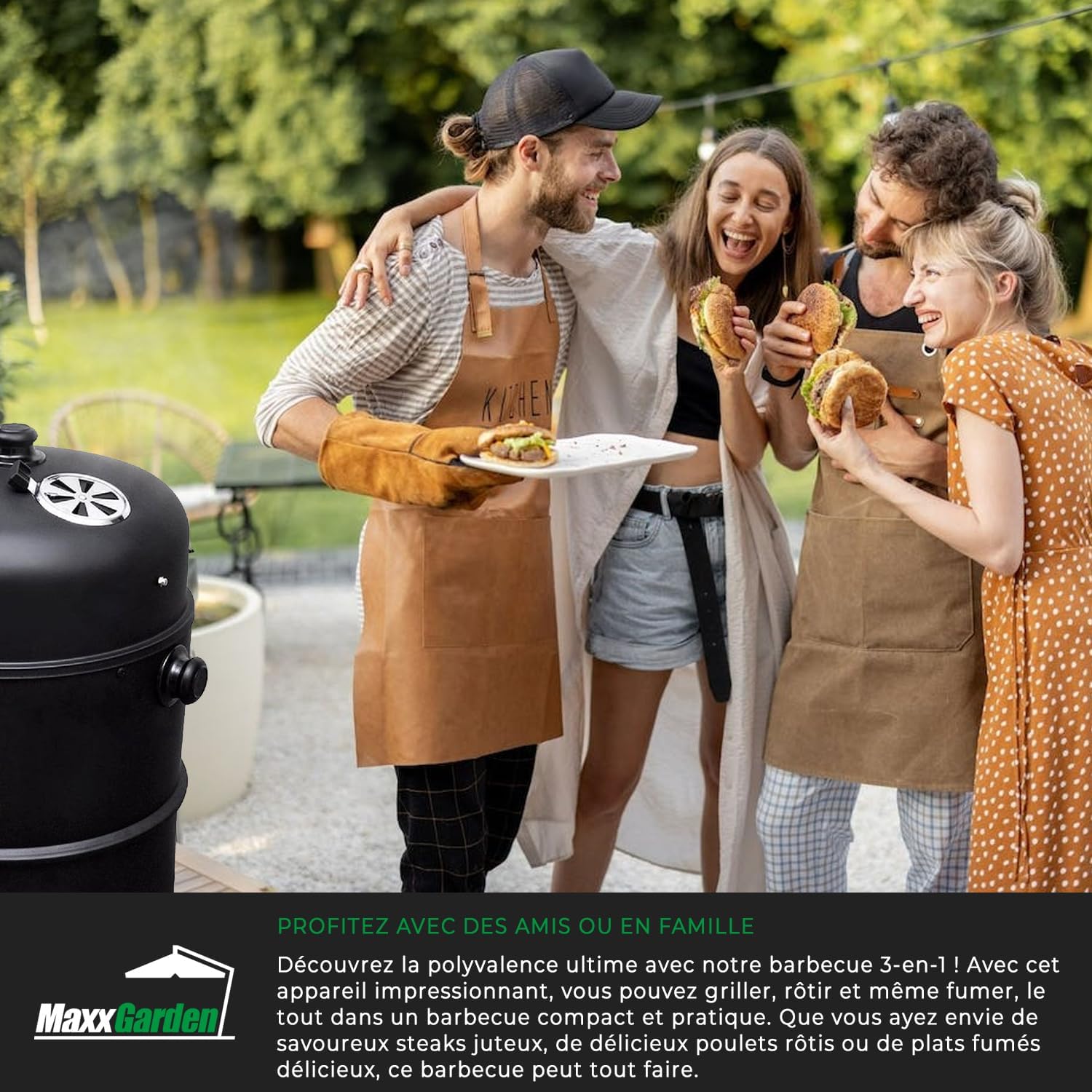 MaxxGarden Barbecue au Charbon - Barbecue de Bois - BBQ - Grill - Transportable - 118 cm - Noir