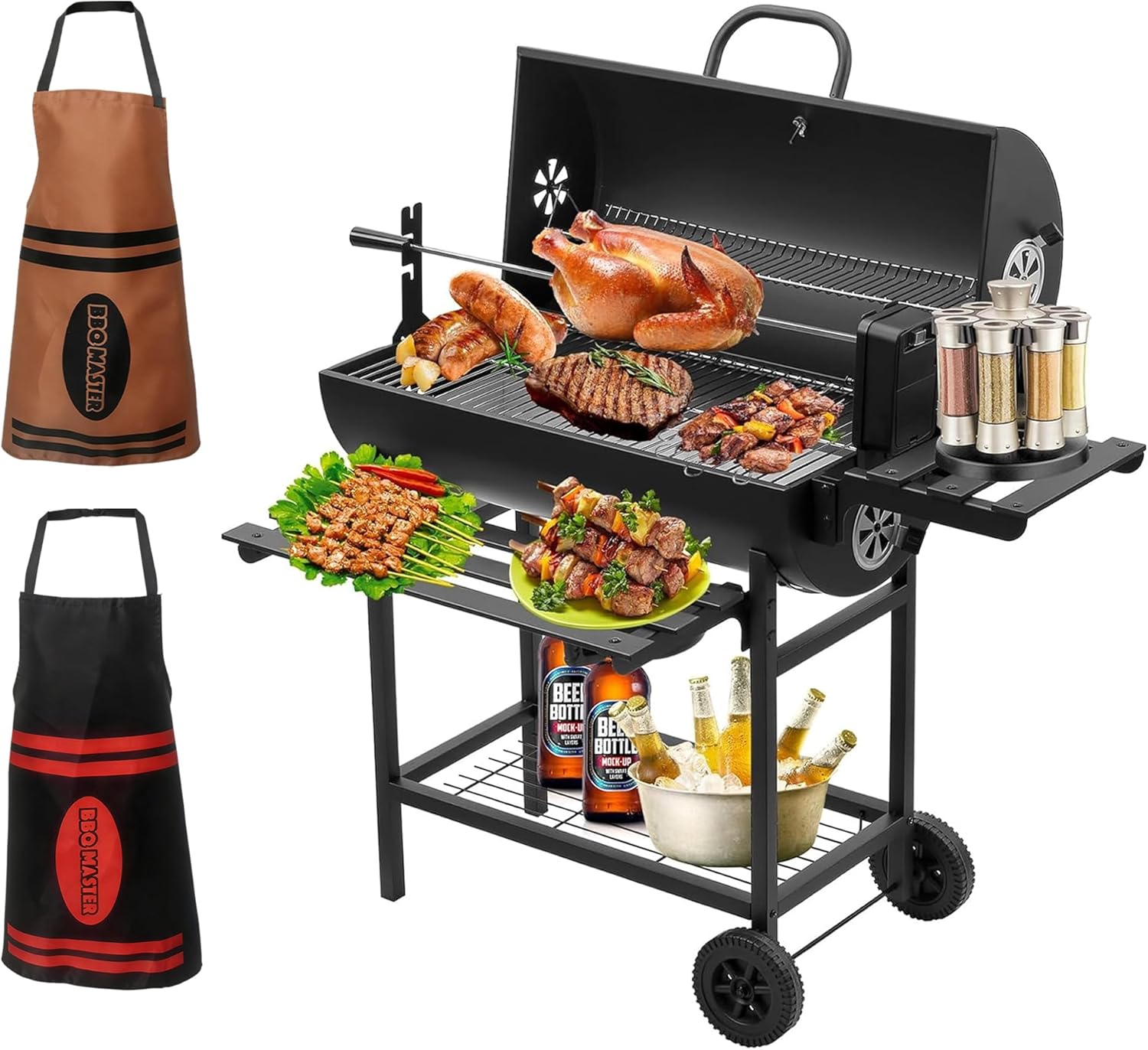 TEENO Houtskoolbarbecue, XXL kookrooster, anti-verbrandingshandschoenen, thermometer, aslade, verstelbare ventilatieopening, grote houtskoolbarbecue (basismodel) 