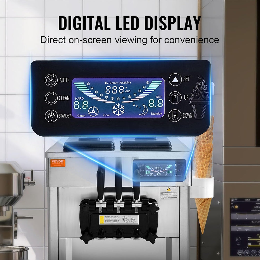 Machine à glace commerciale 20 l/h 1800 watts 3 parfums Machine à glace molle Trémie 2x4 l Pré-refroidissement Nettoyage automatique