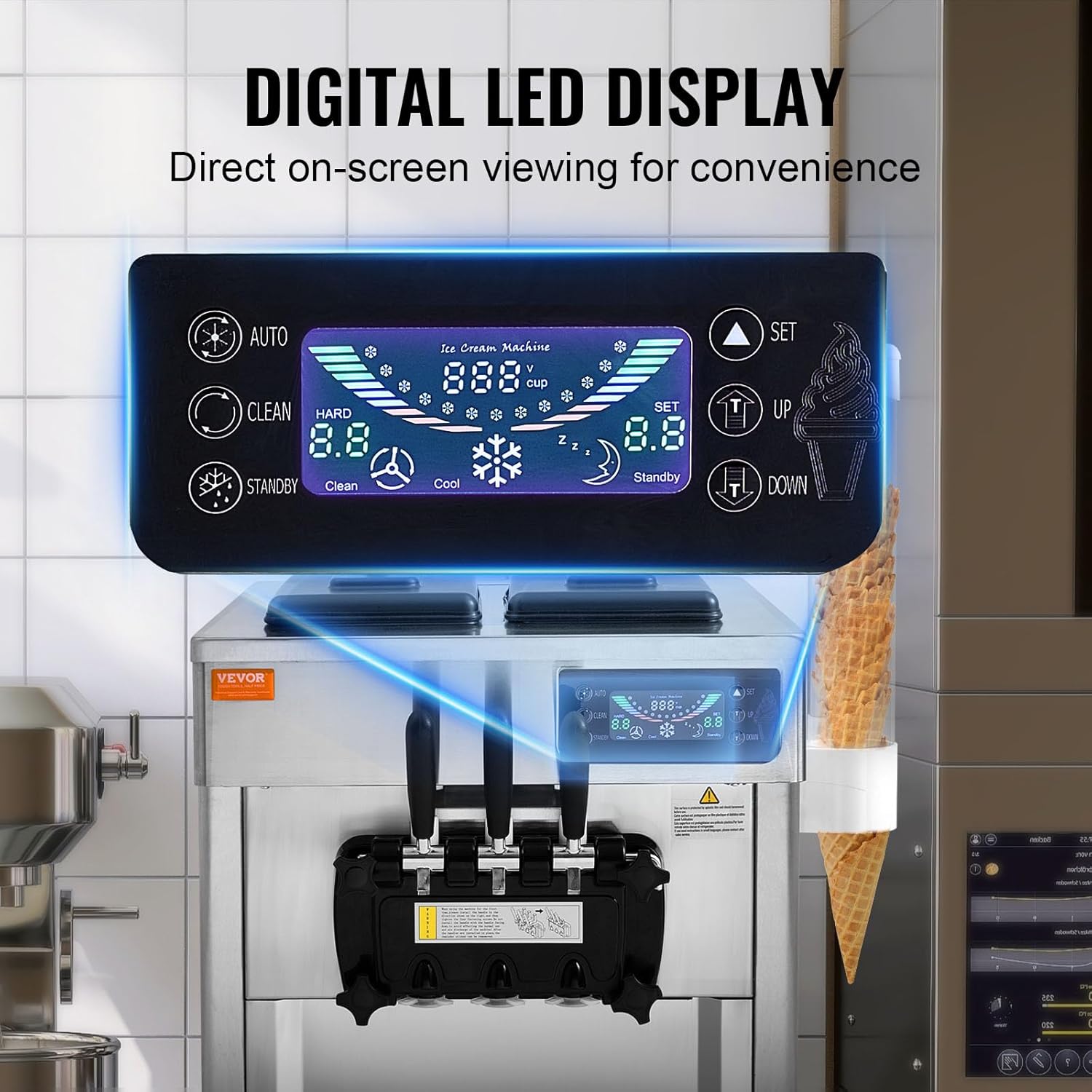 Machine à glace commerciale 20 l/h 1800 watts 3 parfums Machine à glace molle Trémie 2x4 l Pré-refroidissement Nettoyage automatique