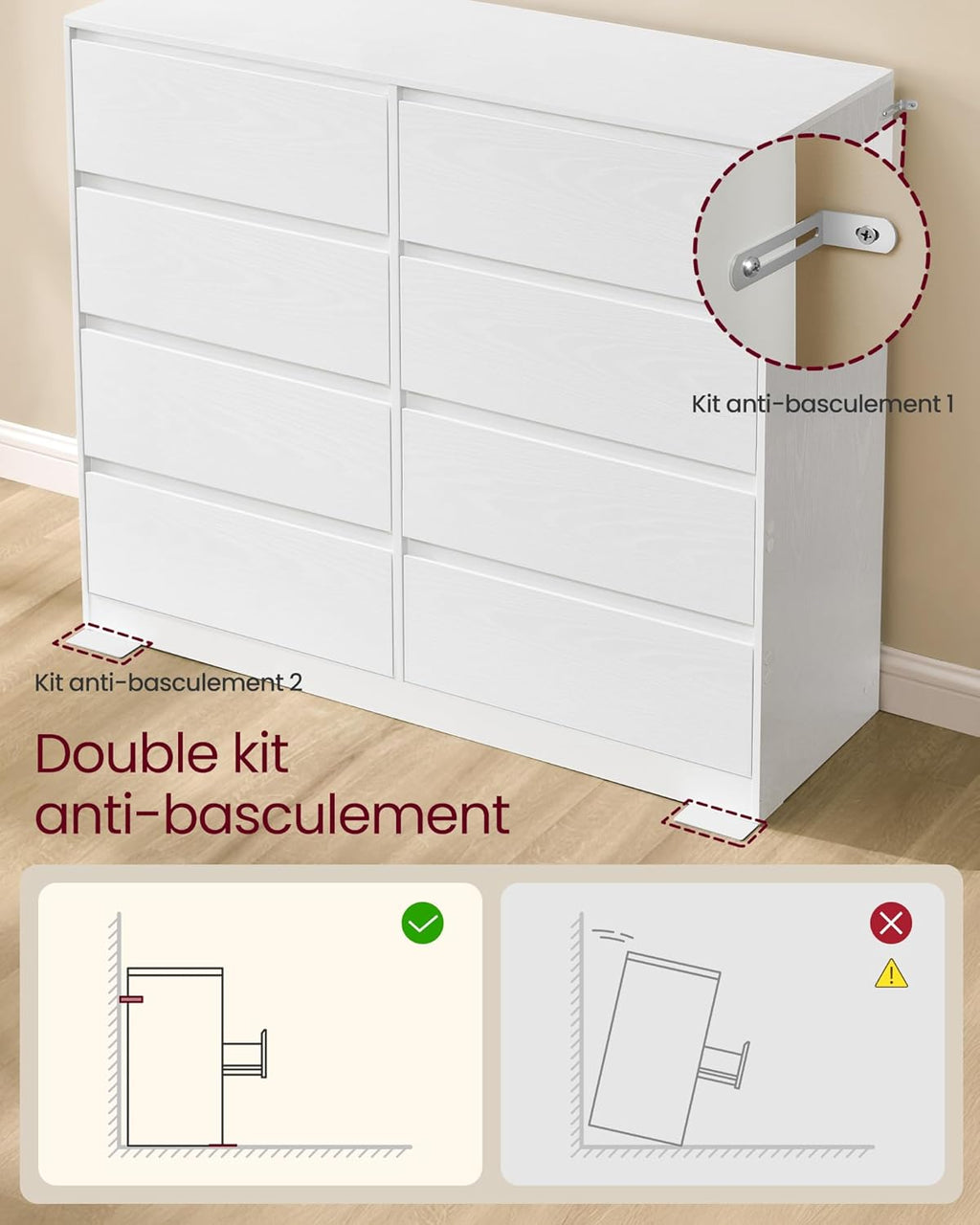 VASAGLE Kailyn Collectie - Slaapkamerkast met 6 lades, opbergkast, kleding, 40 x 119,5 x 75 cm, moderne stijl, sneeuwwit LTS616W01 