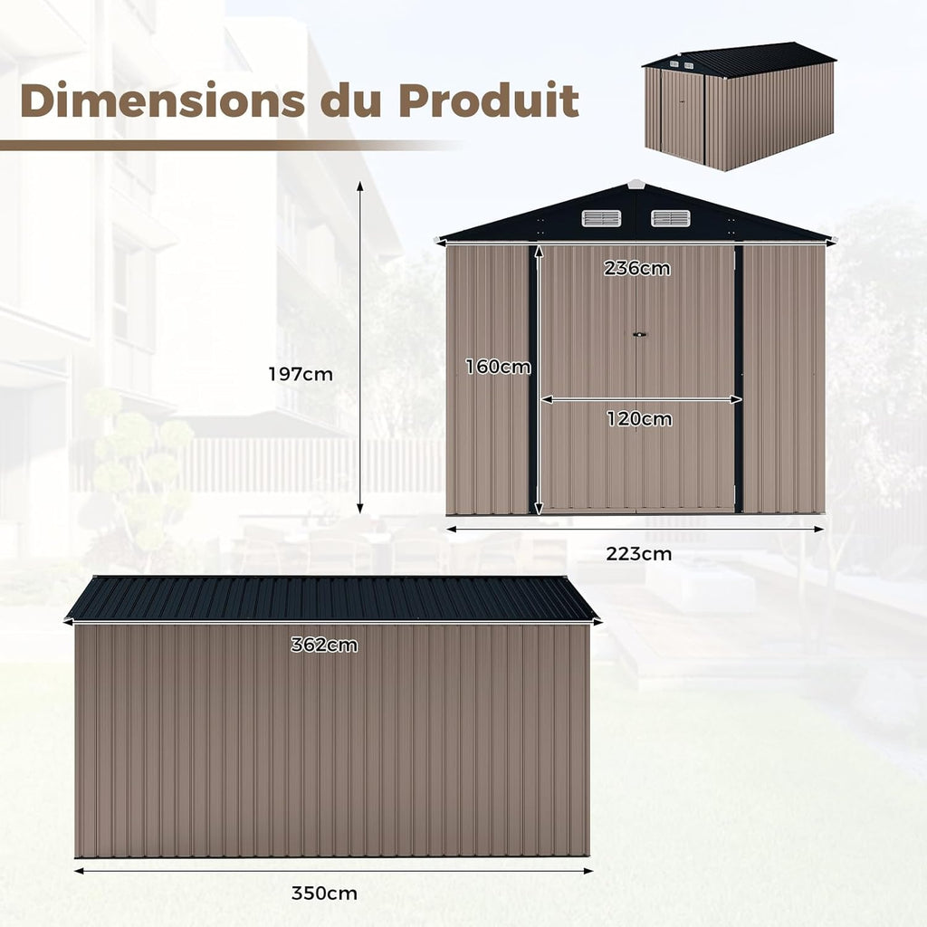 Abri de jardin en métal Costway, 7,8 m², toit à double pente, porte double verrouillable avec clé, 4 aérations, abri de jardin extérieur pour vélo, poubelle, outils, anthracite (7,8 m²)