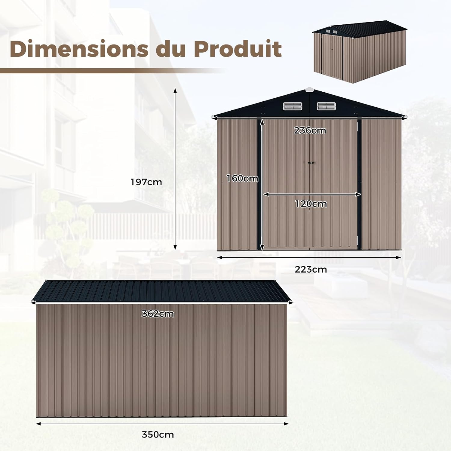 Abri de jardin en métal Costway, 7,8 m², toit à double pente, porte double verrouillable avec clé, 4 aérations, abri de jardin extérieur pour vélo, poubelle, outils, anthracite (7,8 m²)