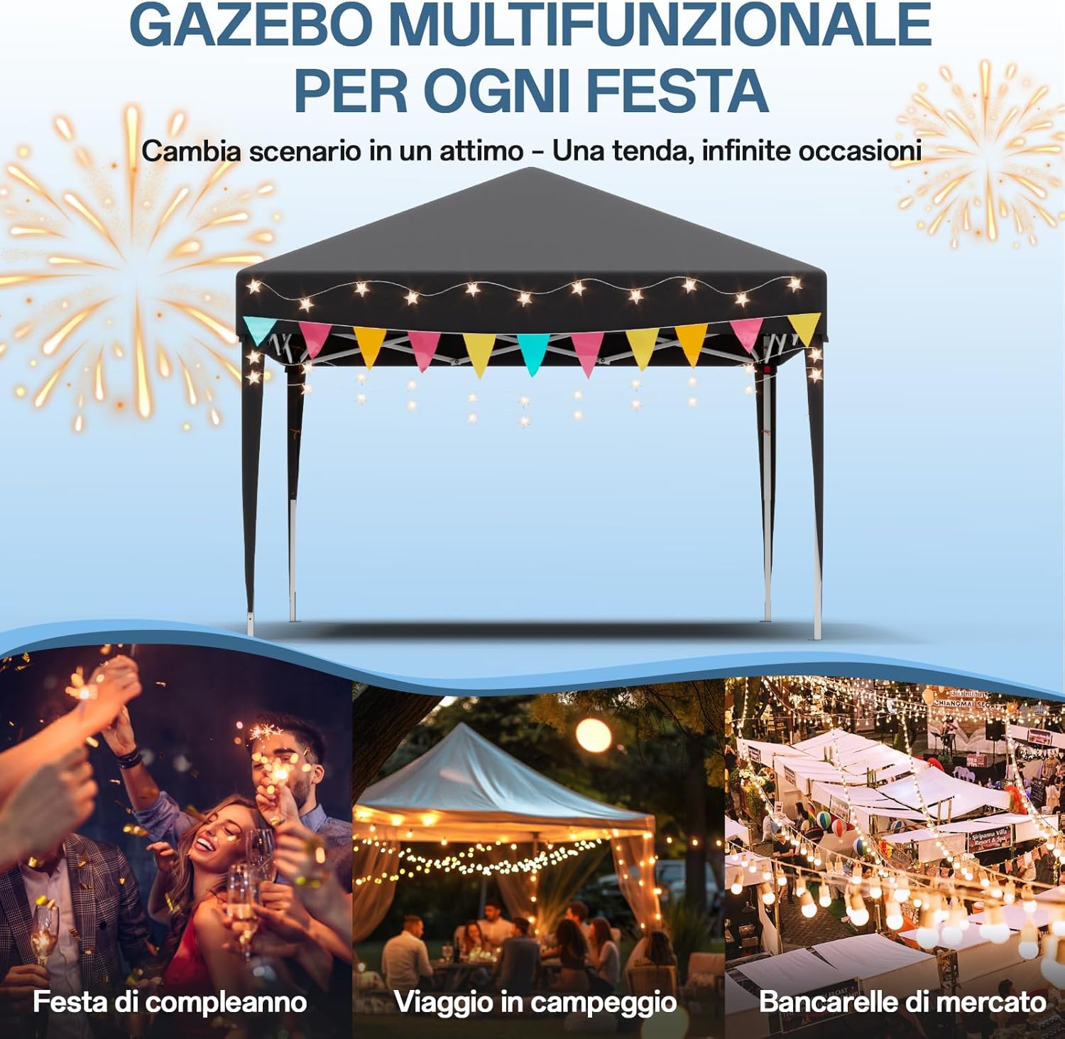 Gazebo pliant étanche JUMMICO, gazebo de jardin extérieur, gazebo pliant à hauteur réglable,