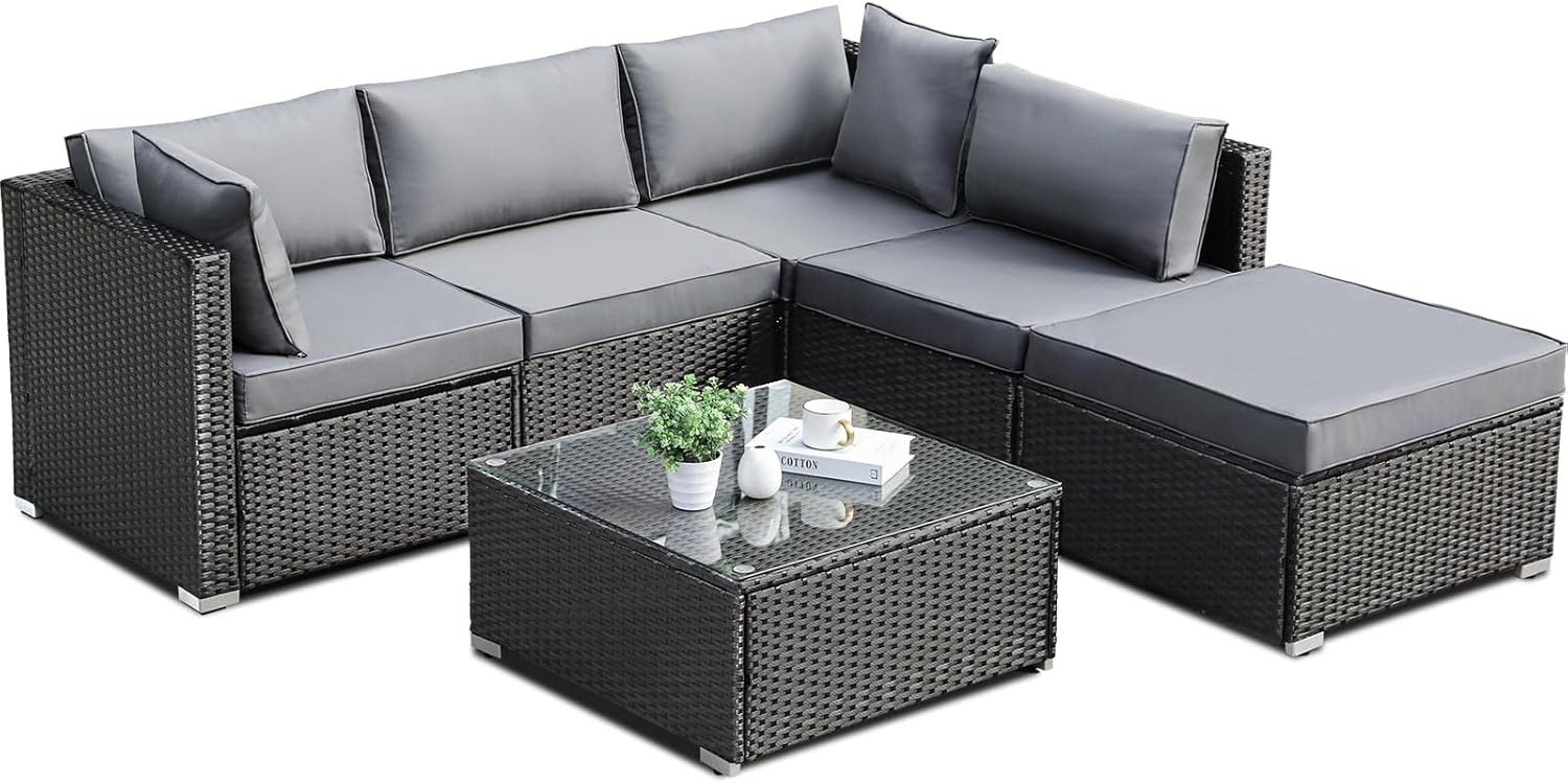 Ensemble de 6 meubles de jardin en rotin synthétique, canapés modulables pour 7 personnes, salon de jardin résistant aux intempéries avec 2 canapés d'angle, 2 fauteuils, 1 table basse avec plateau en verre