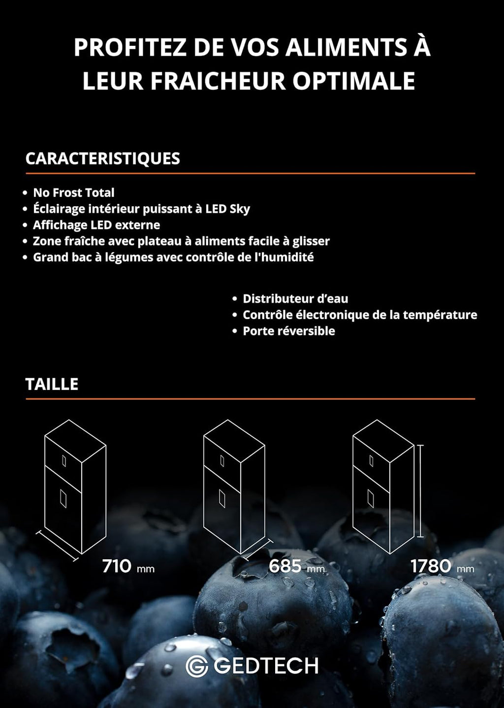 Réfrigérateur de table GEDTECH 85 L GTOP93BL avec compartiment congélateur - Classe E