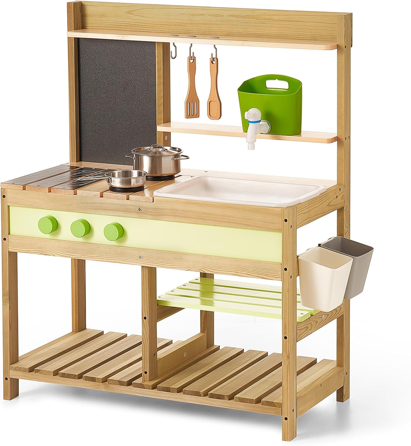 Cuisine extérieure pour enfants, cuisine en bois de luxe pour garçons et filles de 3 à 8 ans, pour jouer à l'intérieur et à l'extérieur, avec évier, casseroles et poêles et accessoires de cuisine