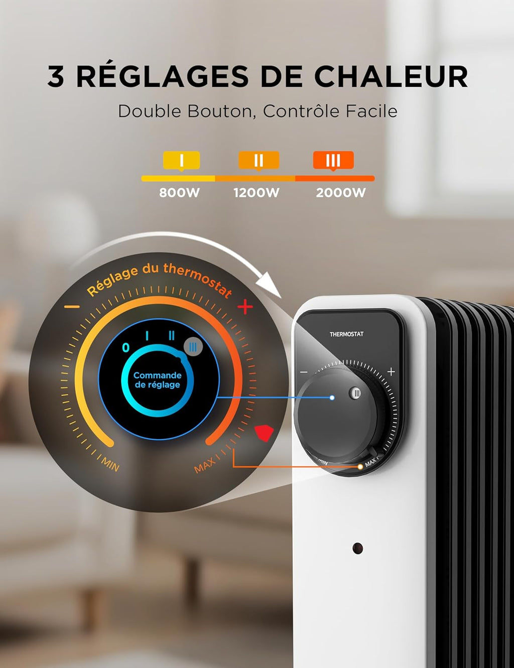 Radiateur à bain d'huile Midea 2000 W - 9 ailes, commande rotative, thermostat réglable