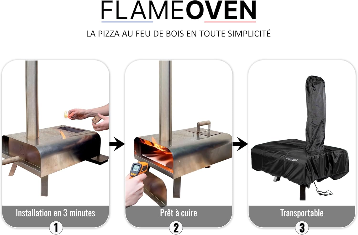 Four à Pizza Extérieur au Feu de Bois ● Conçu en France ● Acier Premium ● Surface de Cuisson XXL ● Flux d'Air Réglable ● Art Culinaire & Savoir-faire ● Housse et Pelle ● Pierre de Cuisson ● FLAMEOVEN