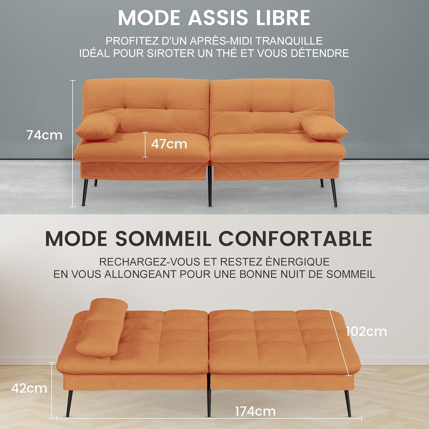 COMHOMA Slaapbank met slaapfunctie - Omvormbare futonhoes - Hoekbank - 3-zits gastenbank - met verstelbare stoffen rugleuning - Grijs 