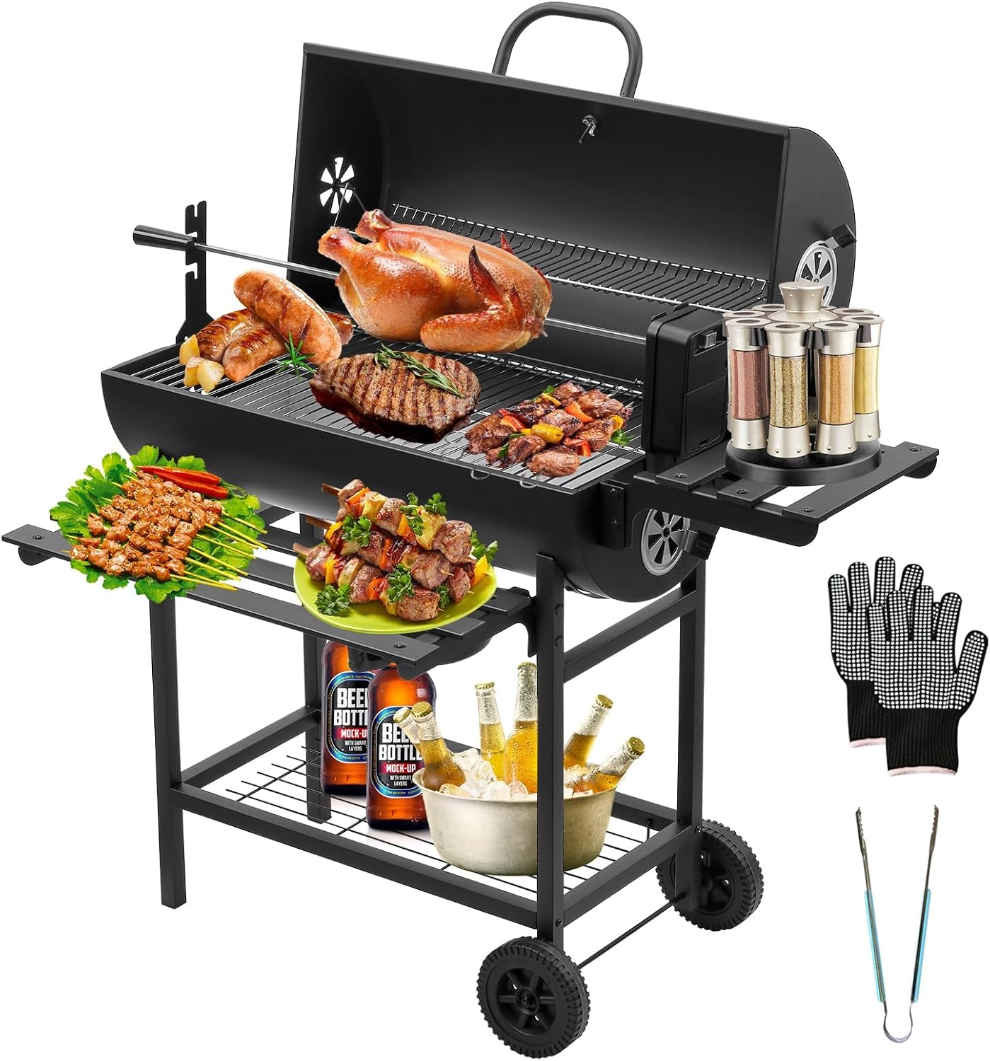 TEENO Houtskoolbarbecue, XXL kookrooster, anti-verbrandingshandschoenen, thermometer, aslade, verstelbare ventilatieopening, grote houtskoolbarbecue (basismodel) 