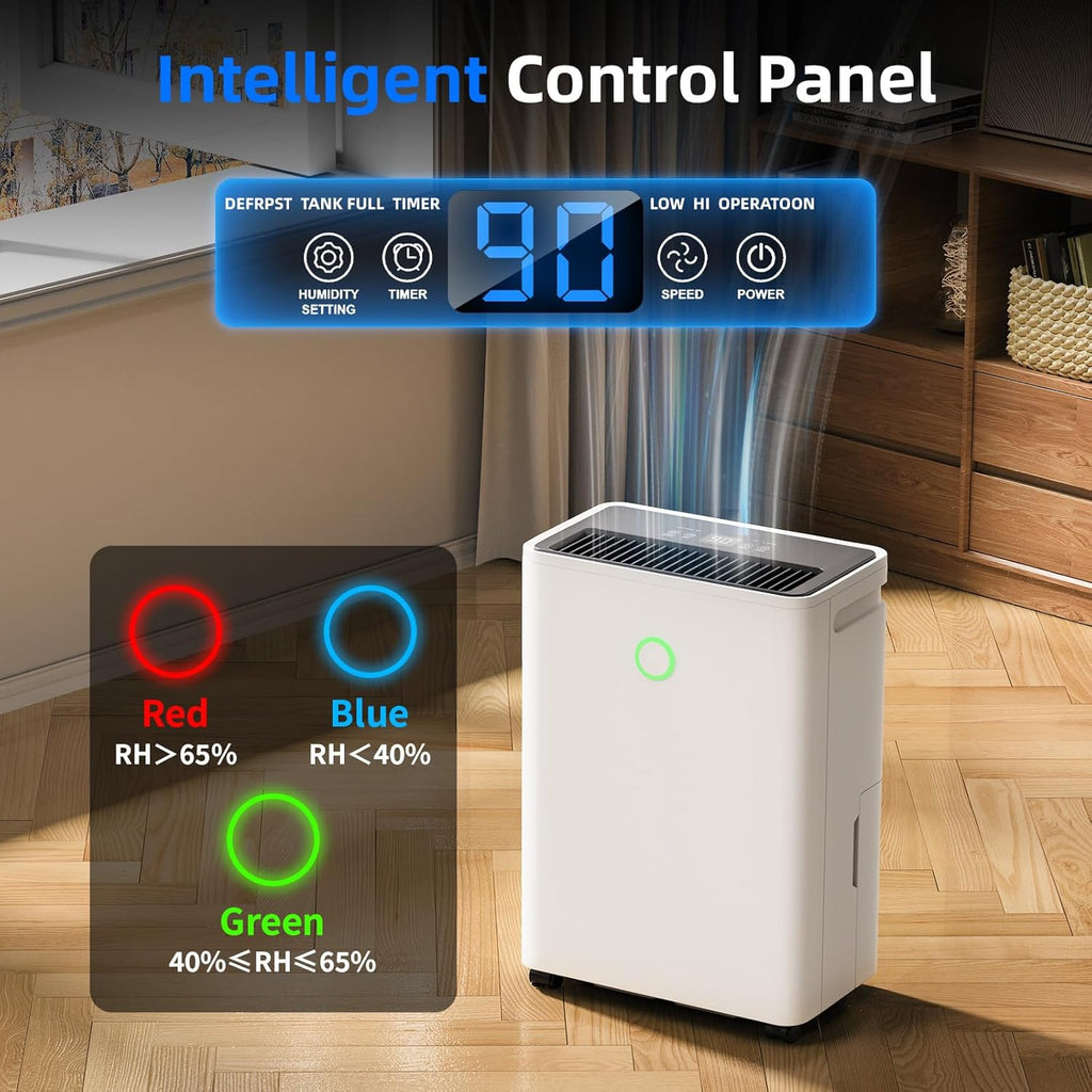 12L/Jour Deshumidificateur d Air - Contrôle Intelligent de l'humidité, Déshumidificateur d'air avec Minuterie 24H, Drainage Continu, Dégivrage Automatique, pour Grande Pièce Chambre Salle de Bain