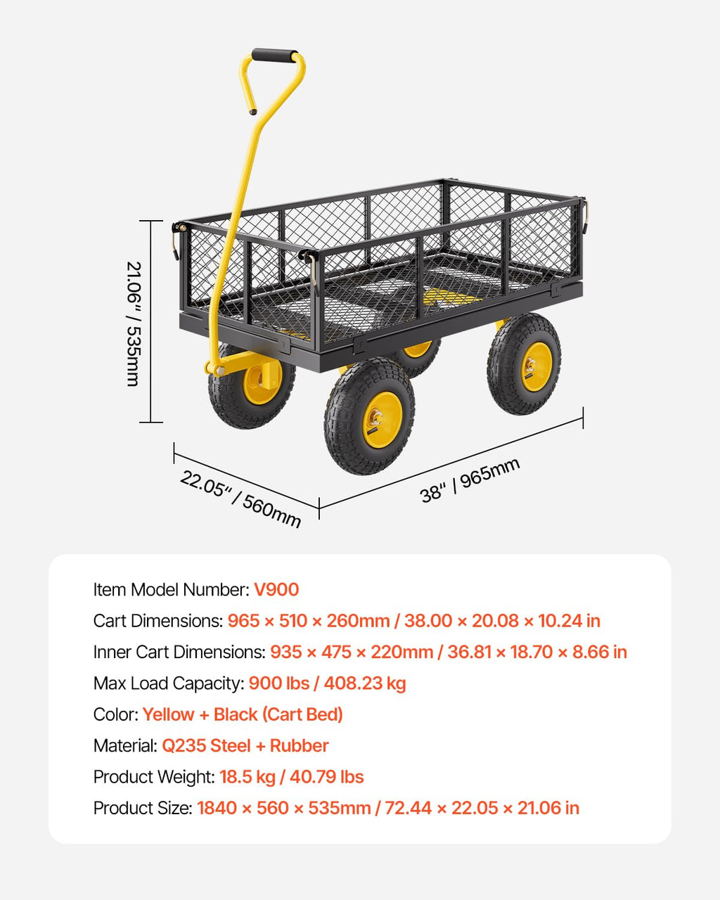 VEVOR Tuintransportwagen, draagvermogen 900 lb (ca. 408 kg), robuuste metalen transportwagen voor buiten met 254 mm banden, verstelbare en afneembare gaaswanden, 180° draaibare handgreep, geelzwart 