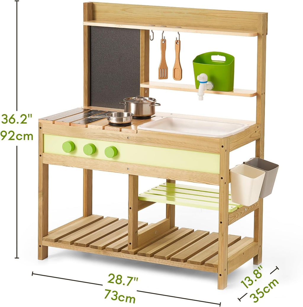Cuisine extérieure pour enfants, cuisine en bois de luxe pour garçons et filles de 3 à 8 ans, pour jouer à l'intérieur et à l'extérieur, avec évier, casseroles et poêles et accessoires de cuisine