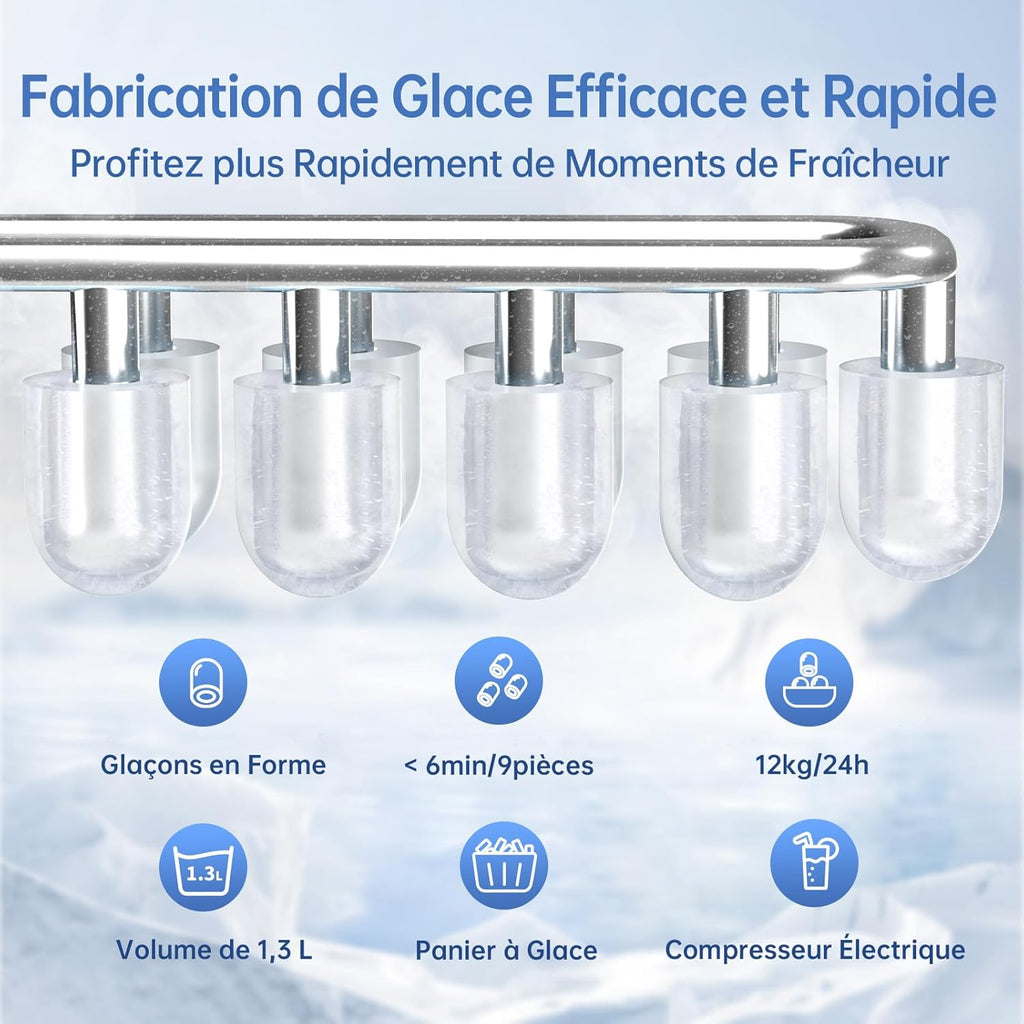 Machine à glaçons 24 heures sur 24, 12 kg, portable, silencieuse, avec pelle à glace et autonettoyante