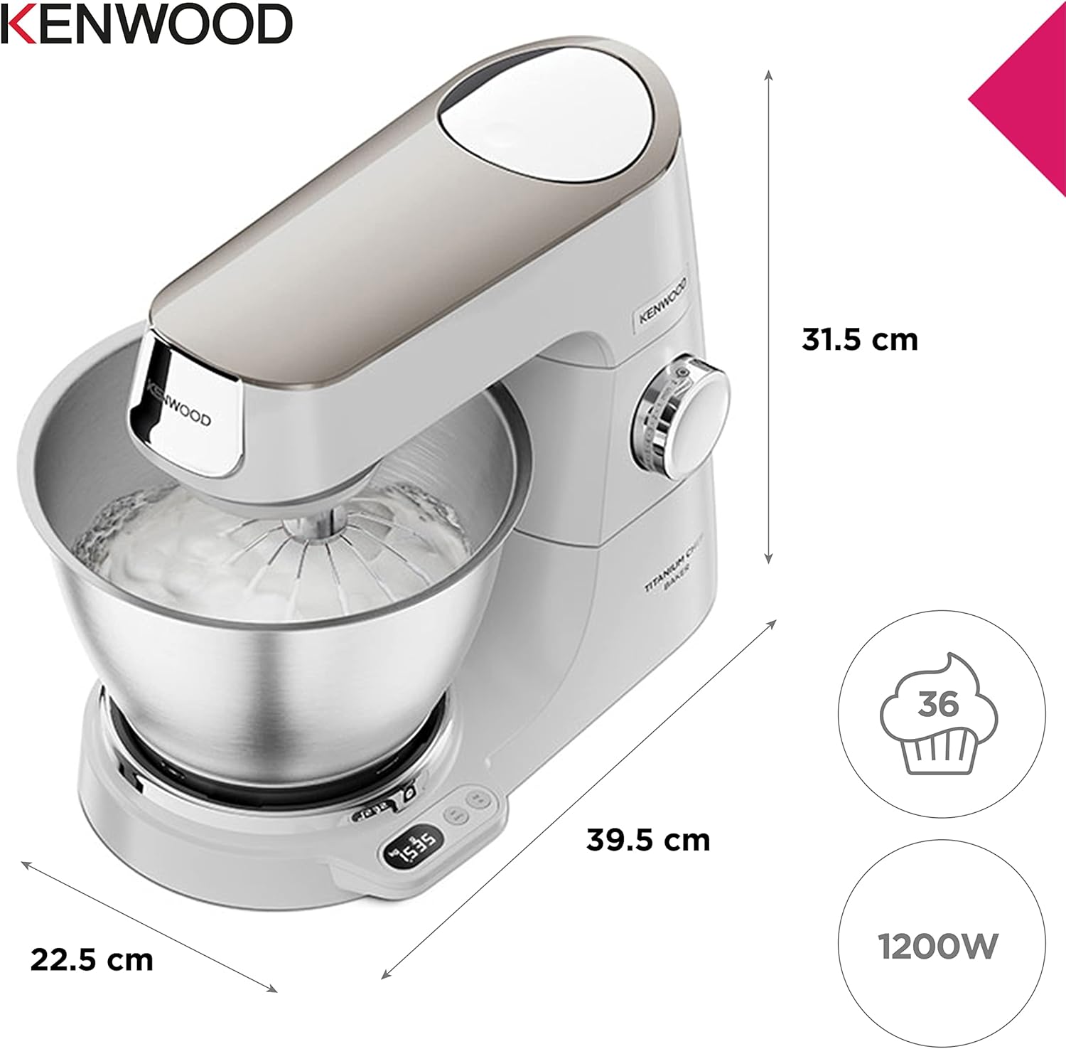 Kenwood Titanium Chef Baker KVC85.004SI Patisserie Processor met geïntegreerde weegschaal, inclusief 3-delige deegset, mengkom van 5 liter en 3,5 liter, progressieve cruisecontrol, 1200 W, zilverkleurig 