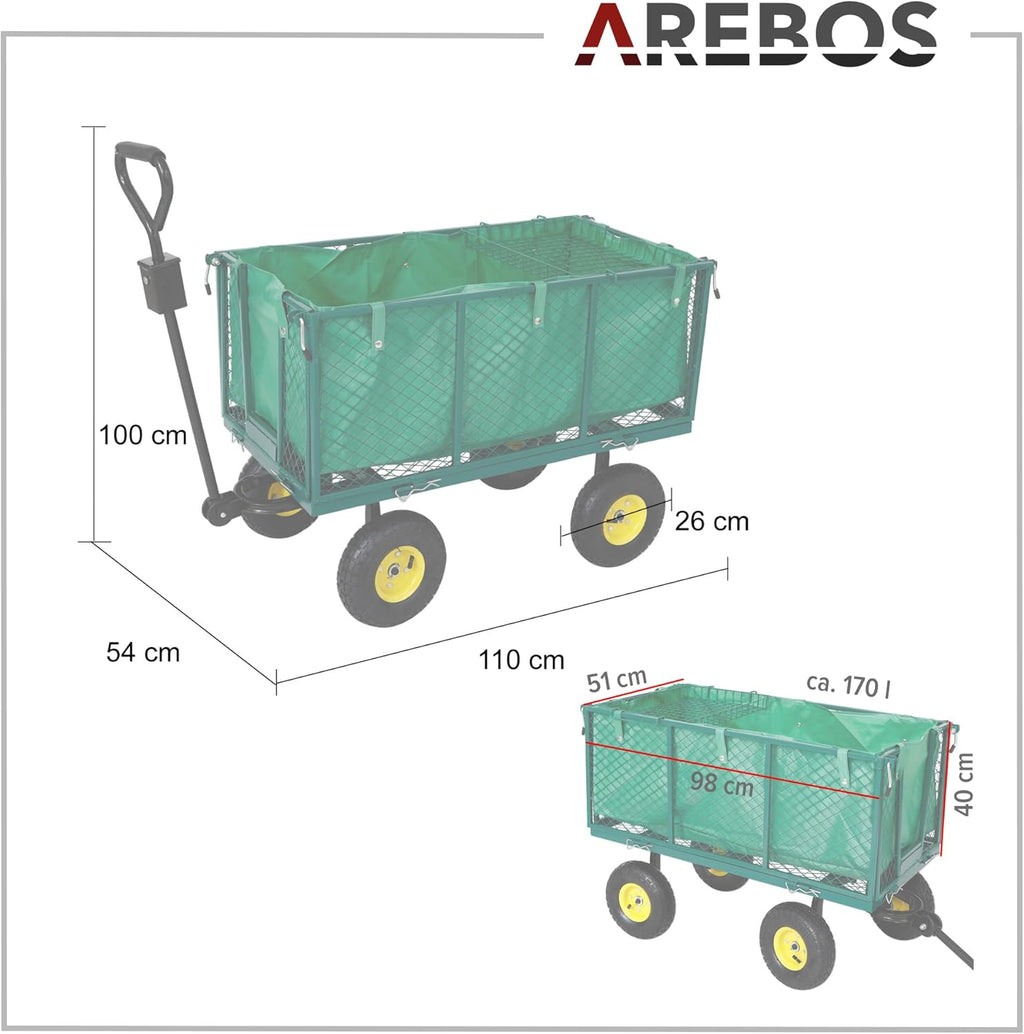 Chariot de jardin Arebos avec pneus profilés Charge max 550 kg Pliable vert Poignée et timon amovibles