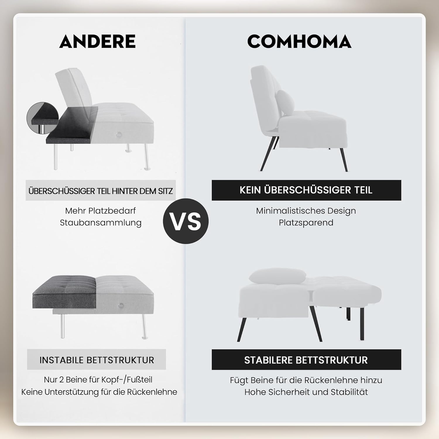 COMHOMA Slaapbank met slaapfunctie - Omvormbare futonhoes - Hoekbank - 3-zits gastenbank - met verstelbare stoffen rugleuning - Grijs 