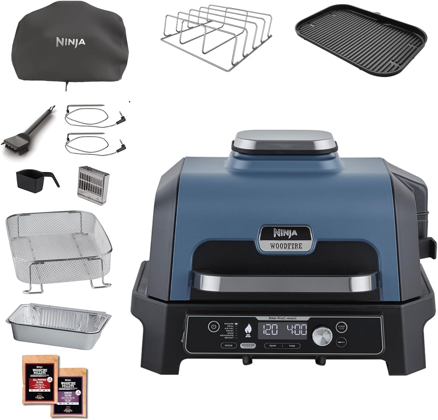 Ninja Woodfire elektrische grill, grill, rookoven en airfryer, 7-in-1 buitenbarbecue, grillen, airfryer, roken, braden, oven, weerbestendig, antiaanbaklaag, draagbaar, grijs/zwart OG701EU 