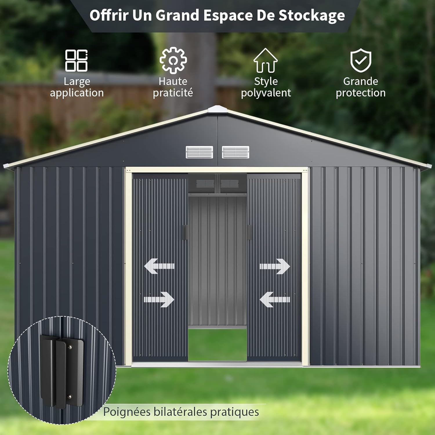 Abri de jardin en métal Costway + 1 kit d'extension avec 2 portes coulissantes verrouillables, 4 trous de ventilation, toit incliné pour vélo