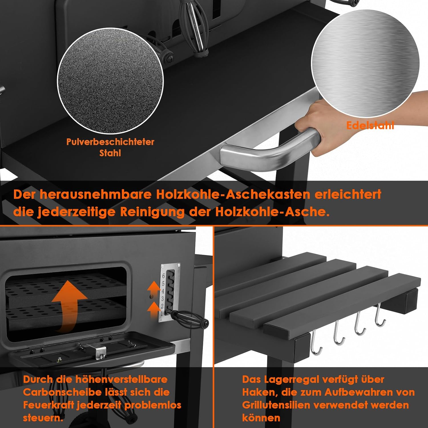 Barbecue Charbon de Bois, Chariot à Barbecue XXL, Grand Barbecue au Charbon de Bois, Grill à Charbon avec Couvercle, 2 Tables d'Appoint, Roues et Thermomètre, BBQ Fumoir, Barbecue de Jardin, Gris